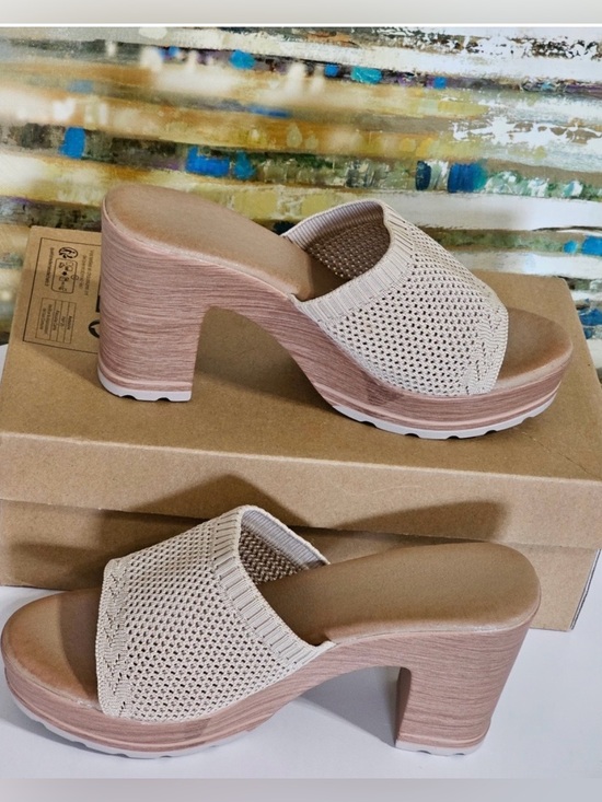 Shoes - Beige Knit Platform Mule Heels - Women Casual Summer Resort Office Shoes